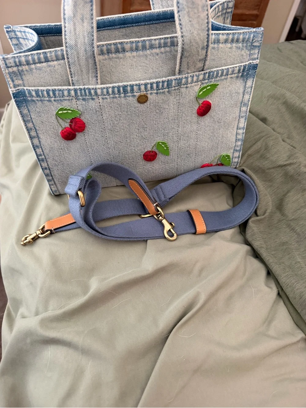 Coach Denim Cargo Bag 26 with Cherry Embroidery